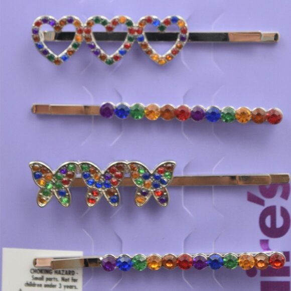 Claires Barrettes Set of 5 Heart Butterfly Rainbow Jewels Mutli Colors - Picture 3 of 5